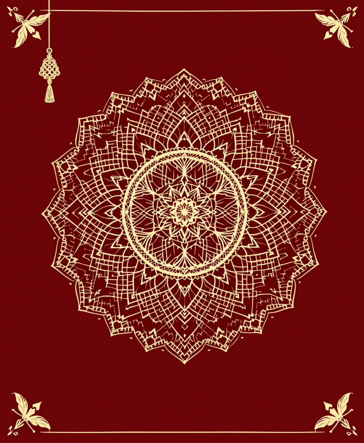 Textile mandala medallion illustration with four AEDG-letter ornaments at the cardinal petals and brass macrame tassel on saturated oxblood